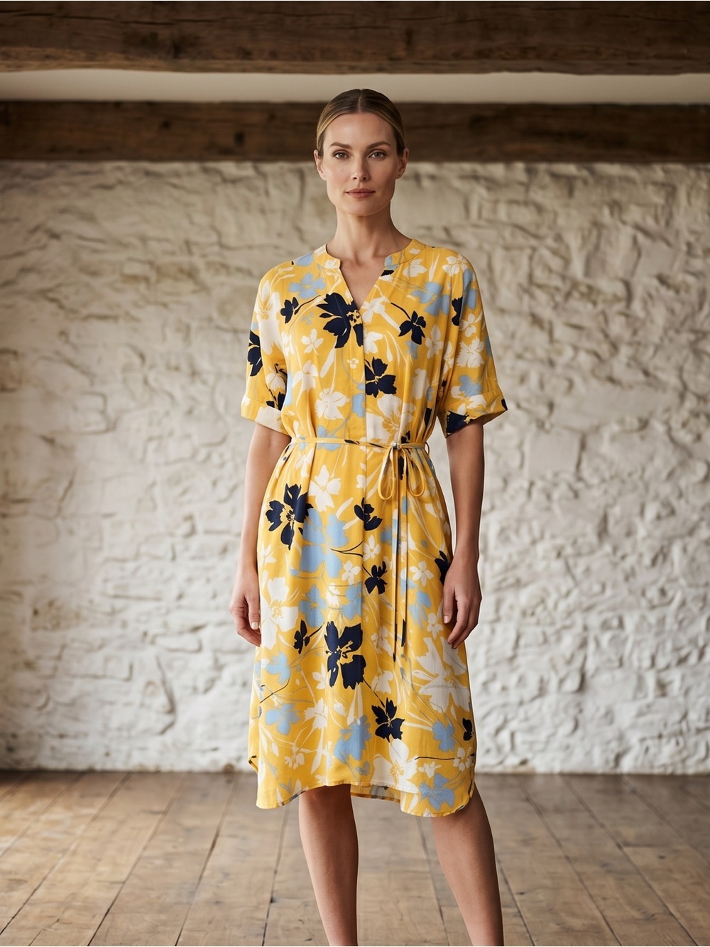 Time and Tru Mustard Yellow Floral Tie-Waist Midi Dress
